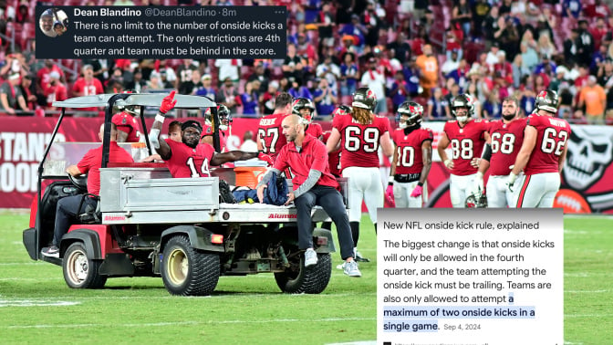 image of chris godwin leaving field on cart with screenshots of tweet and google search about onside kick rules