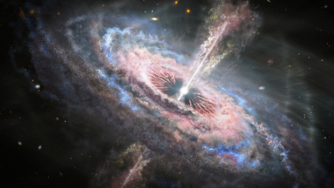 An artist's depiction shows how a quasar, which is the extremely bright core of a galaxy, unleashes torrents of energy from its central black hole.