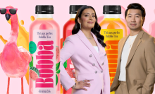 A composite image of Bobba bottles with Dragons' Den investors Manjit Minhas and Simu Liu in front of them. There is also a flamingo wearing sunglasses.