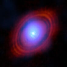 The blue regions show areas where the Atacama Large Millimeter/submillimeter Array (ALMA) detected clear signs of water vapor in a distant star system.