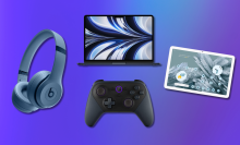 blue gradient background with Beats headphones, MacBook Air, Google Pixel tablet, and Amazon Luna controller