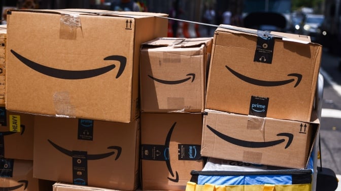 Amazon boxes in a warehouse.