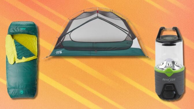 a sleeping bag, tent, and lantern on an orange background with white stripes