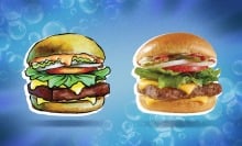 Two Krabby Patties, one real and one cartoon-like, with a bubbles background