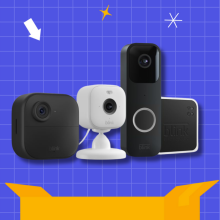 Blink security cameras overlaying an illustrated blue and yellow background for Prime Day