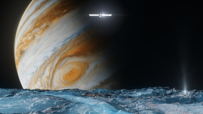 A conception of the Europa Clipper spacecraft flying by the Jovian moon, Europa, with dominant Jupiter in the distance.