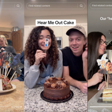 screenshots of tiktoks of people doing hear me out cake trend