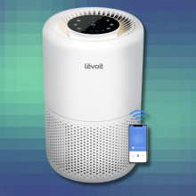 Levoit Air Purifier on blue and green abstract background