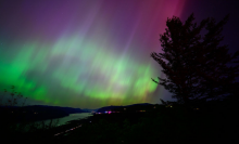 The Northern Lights are seen above the Columbia River Gorge from Chanticleer Point Lookout in the early morning hours of May 11, 2024 in Latourell, Oregon.