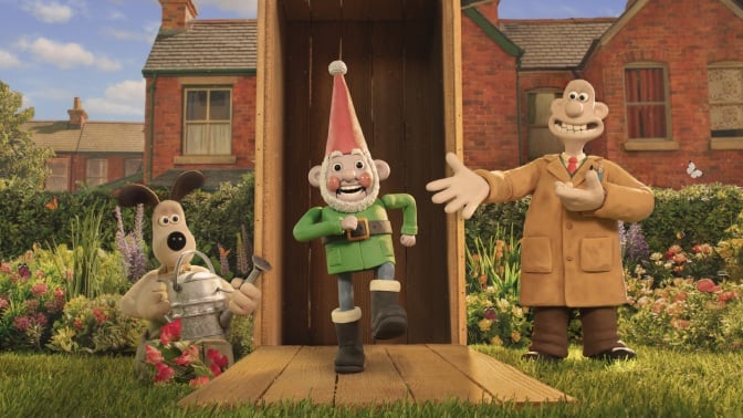 Wallace and Gromit unbox a garden gnome.