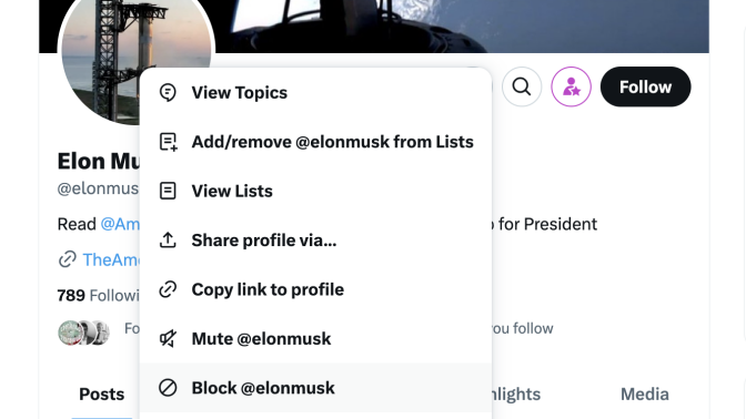 A screenshot of Elon Musk's X profile. The drop down menu is displayed and the cursor hovers over the "Block @ElonMusk" button.