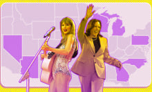 Taylor Swift next to Kamala Harris in front of a map of the US with battleground states highlighted in purple. 