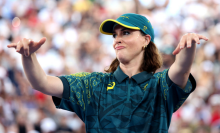 B-Girl Raygun of Team Australia reacts during the B-Girls Round Robin - Group B on day fourteen of the Olympic Games Paris 2024 at Place de la Concorde on August 09, 2024 in Paris, France. 