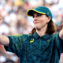 B-Girl Raygun of Team Australia reacts during the B-Girls Round Robin - Group B on day fourteen of the Olympic Games Paris 2024 at Place de la Concorde on August 09, 2024 in Paris, France. 