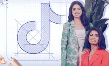 Composite image of the founders of Sani with the TikTok logo in a blueprint-style drawing in the background