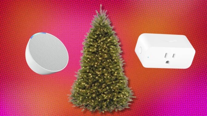 an amazon echo dot device with an artificial christmas tree and an amazon smart plug on a red and pink background