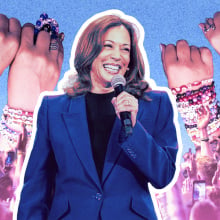 Vice President Kamala Harris surrounded by friendship bracelets. 