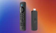 Amazon Fire TV Stick 4K on a blue, purple, orange and red gradiant background