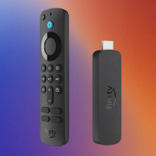 Amazon Fire TV Stick 4K on a blue, purple, orange and red gradiant background