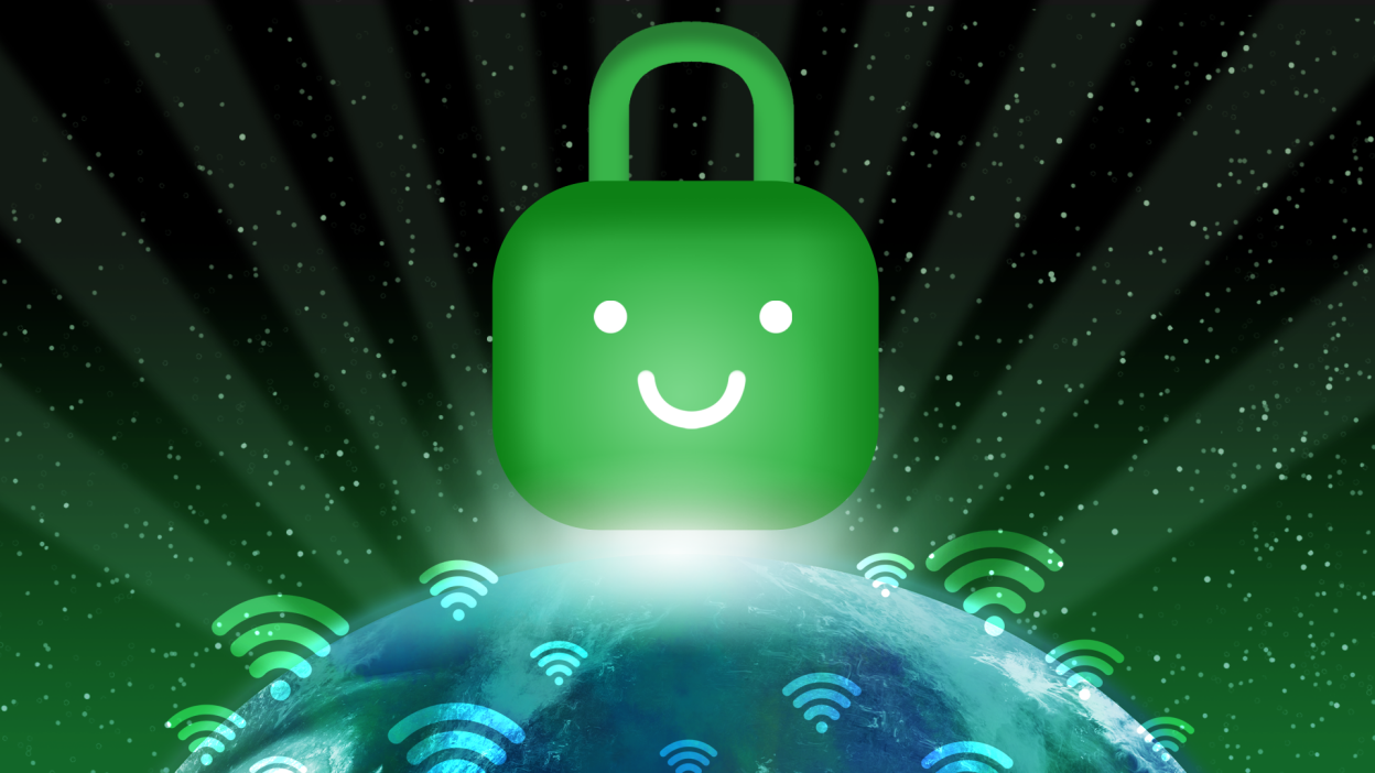 Illustration of a smiling green padlock above WiFi symbols radiating from Earth. 