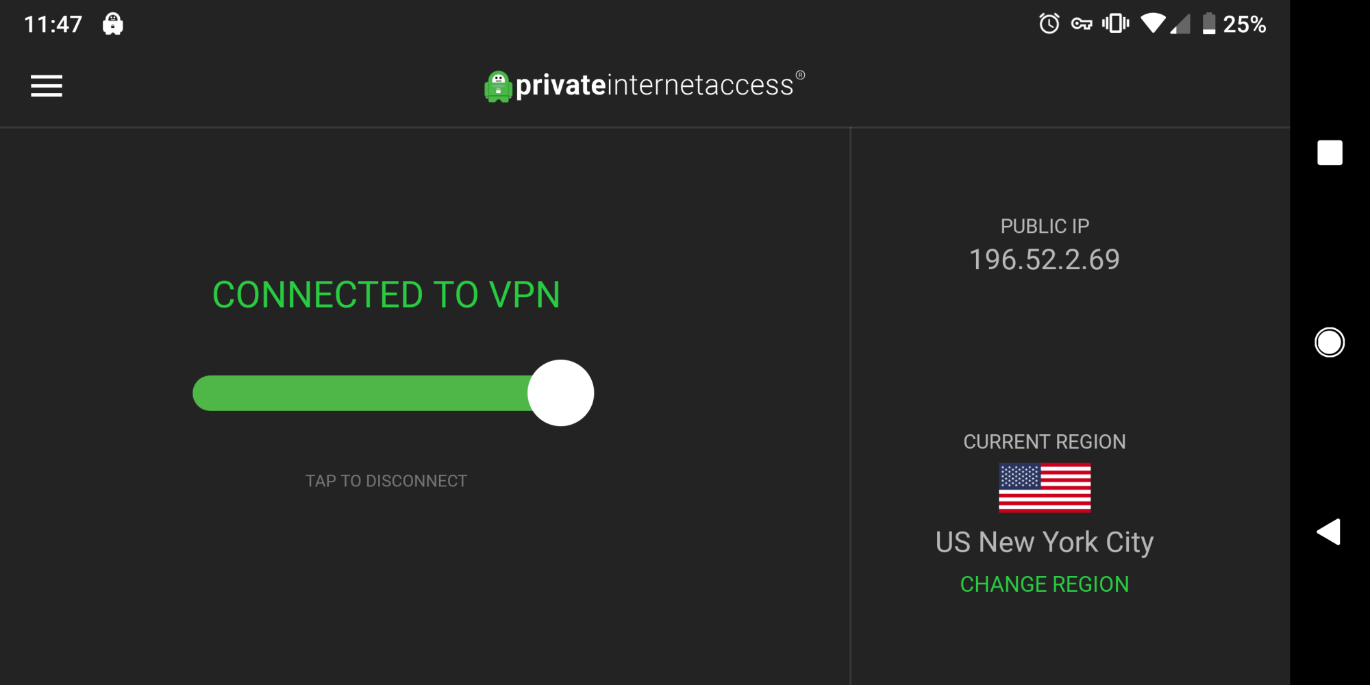 Screenshot of Private Internet Access VPN connection page. 