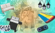 Collage graphic of Walmart products, including a grill, string lights, outdoor speaker, outdoor loveseat