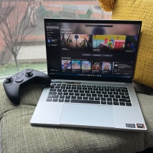 Razer Blade 14 sitting on a window sill