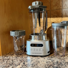 ninja blender on countertop in sunlight