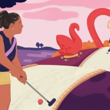 illustration of middle-aged singles on a date playing mini golf