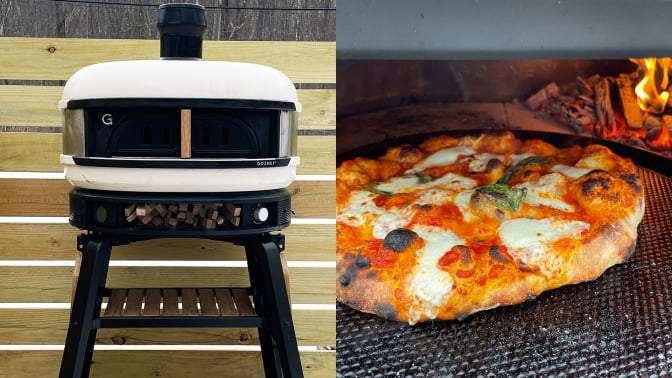 White pizza oven next to a Neapolitan style pizza