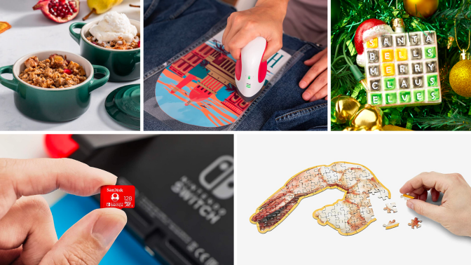 a collage of stocking stuffers, including a mini le creuset cocotte, a cricut easypress mini, a wordle ornament, a microsd card, and a shrimp puzzle