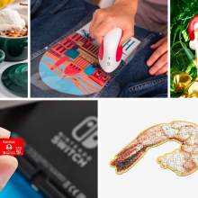 a collage of stocking stuffers, including a mini le creuset cocotte, a cricut easypress mini, a wordle ornament, a microsd card, and a shrimp puzzle