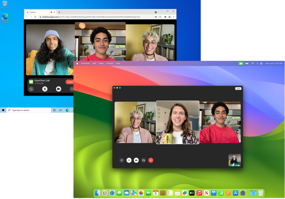A MacBook Pro with a FaceTime group call in session. Behind it, a PC with a FaceTime on the web group call in session.