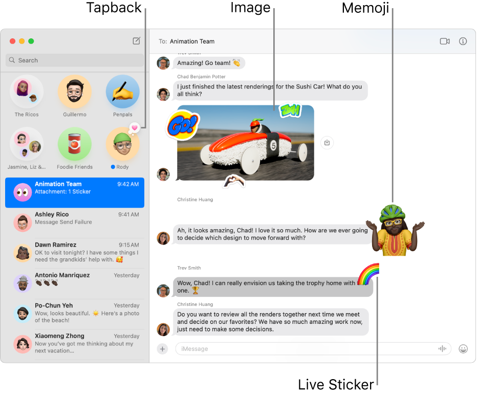 The Messages window with several conversations listed in the sidebar at the left, and a transcript showing at the right. A few items are highlighted in the transcript: a Tapback above a pinned conversation on the left, an image and Memoji on the right, and a Live Sticker in the lower-right corner. Click the Apps button at the bottom of the window to add photos, videos, #images, stickers, and message effects.