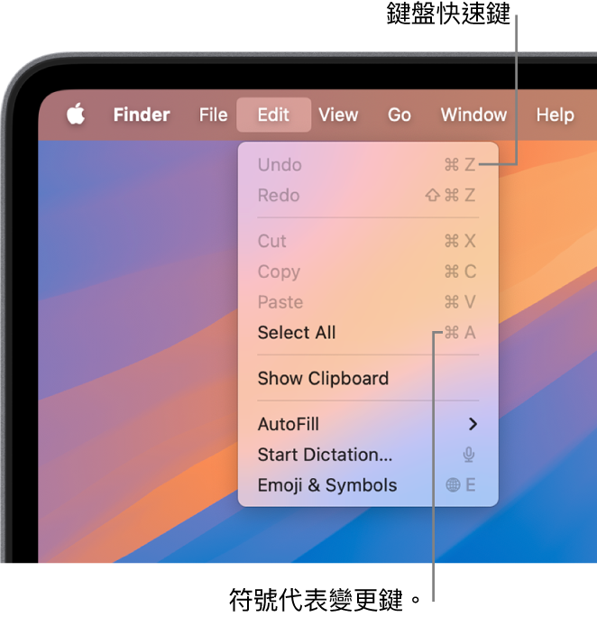 「編輯」選單在 Finder 中打開；鍵盤快速鍵在選單項目旁邊顯示。