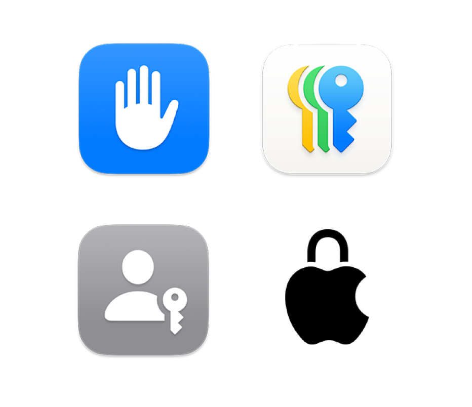 Cuatro íconos que representan Privacidad y seguridad, la app Contraseñas, Llaves de acceso y Privacidad en Apple.