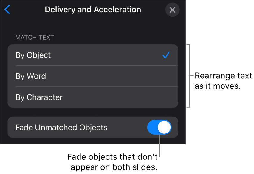 Magic Move delivery and acceleration options in the Acceleration pane.