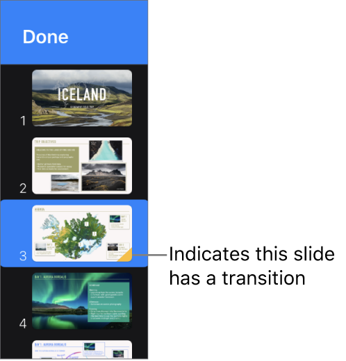 A yellow triangle on a slide indicates the slide has a transition.