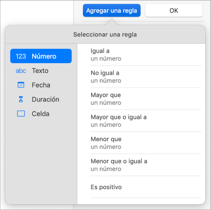 Controles para ajustar el resaltado condicional.