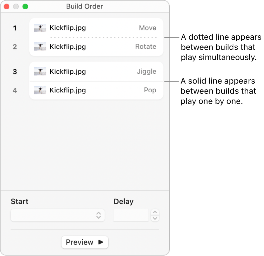 The Build Order menu, with a dotted line appearing between builds that play simultaneously, and a solid line between builds that play one by one.