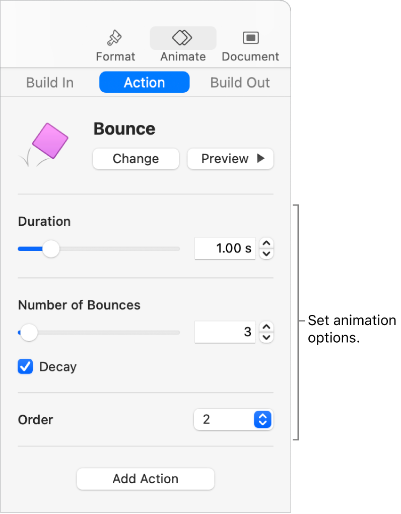 Action controls in the Animate section of the sidebar.