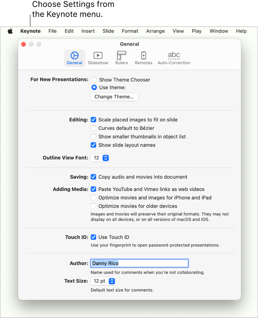 The Keynote settings window open to the General pane.