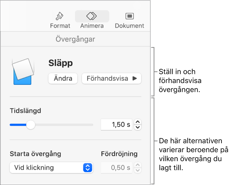 Övergångsreglage under Övergångar i sidofältet.