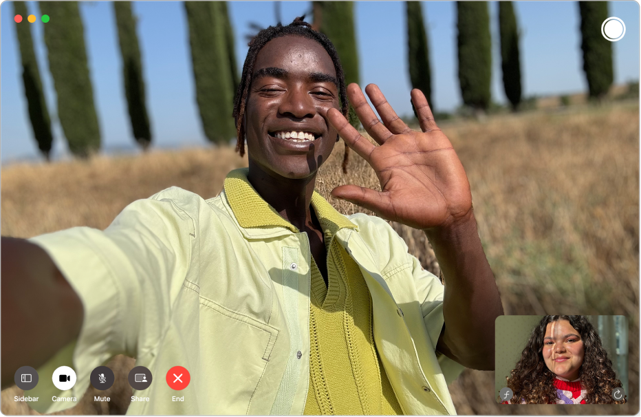 The FaceTime window during a one-on-one video call. The person who initiated the call is shown in a tile in the bottom-right corner, and the other participant is in the main part of the window.