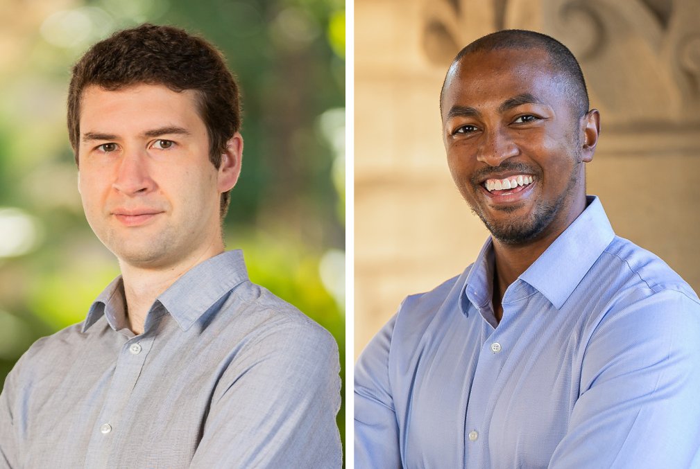 Steven Banik wearing a gray collared shirt and standing in Stanford's Main Quad and Christopher O. Barnes wearing a light-blue collared shirt standing in front of a column in the arcades of Stanford's Main Quad