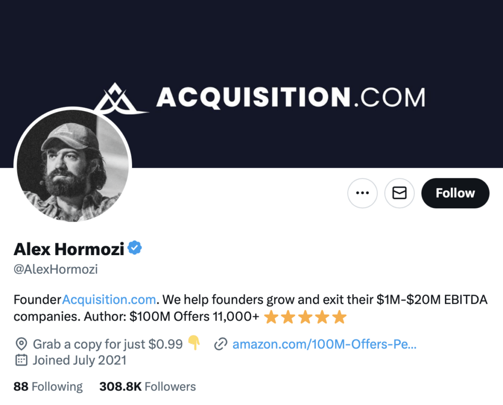 Alex Hormozi Twitter bio