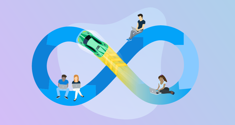 Stylized image of DevOps infinity symbol with a car driving on it and increasing speed over golden arrows.