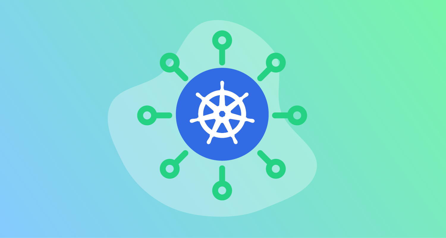 Kubernetes icon surrounded by connection lines and circles.