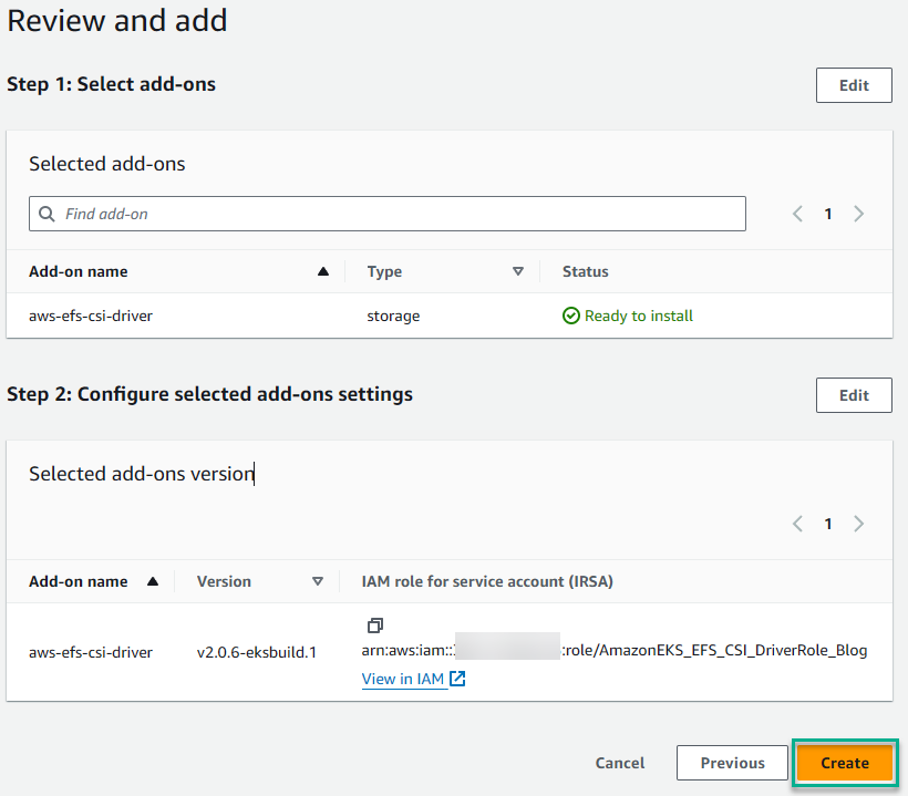 Review add-on configuration and create