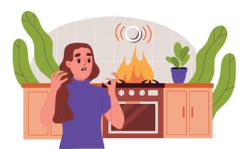 Illustration of woman distressed by flames on the stove behind her and smoke alarm going off